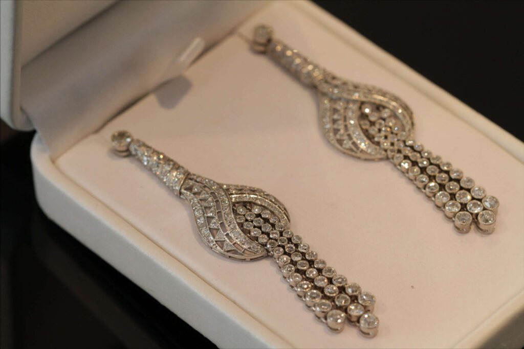 Platinum Art Deco Edwardian Earrings: 7 Carats Diamonds