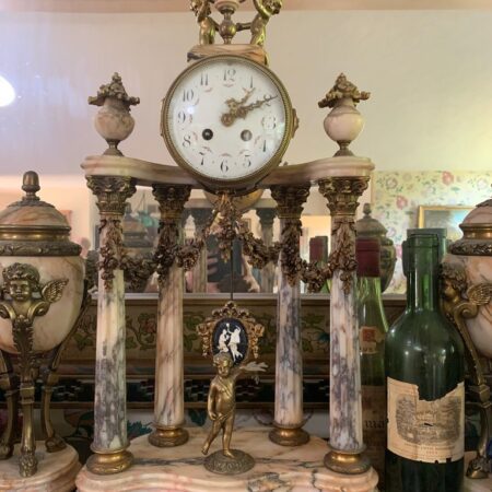 Antique 19th  ornate Cherub and Pink marble mantle clock with Garnitures